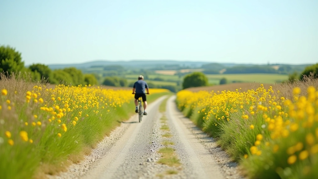 Peaceful gravel cycling path through green countryside with trees lining the route