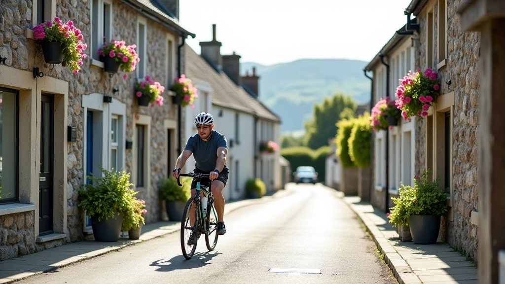 Peaceful village main street with cycling path, traditional buildings, and welcoming atmosphere